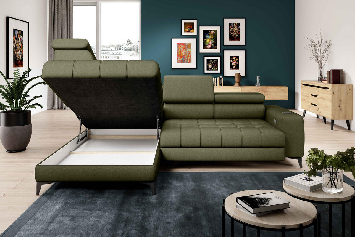 ECKSOFA BAGGIO Letto Stoff, Schlaffunktion, Bettkasten, Sitztiefe, Kopfstützen 280x196cm – Links – Hellgrün - Hellgrün, Holz/Textil (196/280cm) - DomoHome