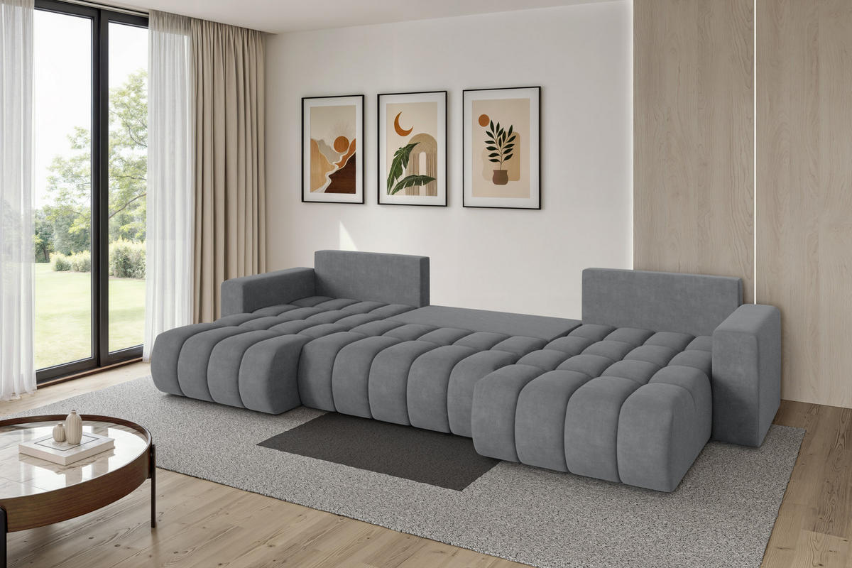 SEDACÍ SOUPRAVA DO U s funkcí spaní a úložným prostorem MILA-U-v1 378x194x86 šedá velur - černá/šedohnědá, kompozitní dřevo/textil (378/86/194cm) - ALTDECOR