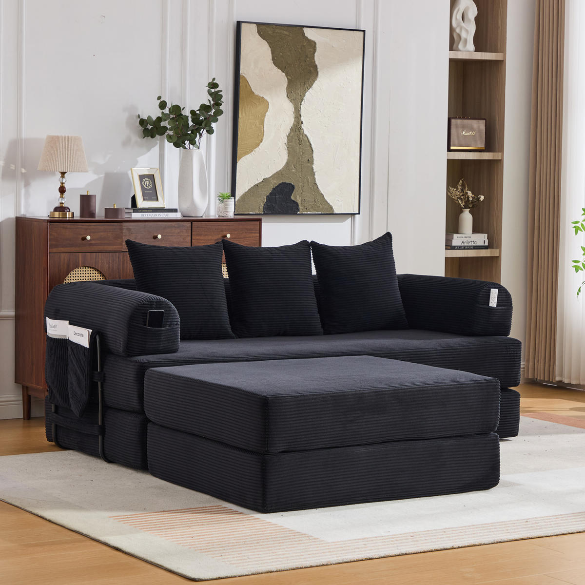 SOFA modular mit Hocker ca. 200 x 190 x 67 cm Cord Black - Schwarz, Kunststoff (190/200cm) - Meubliv