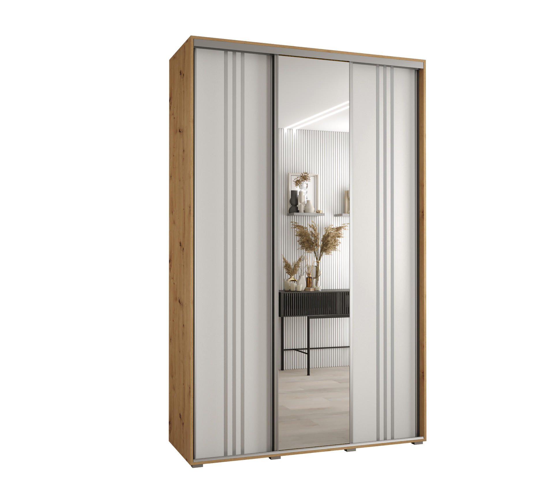 Abiks Möbel SCHWEBETÜRENSCHRANK Eiche Artisan, Weiß, Silber 160cm × 45cm × 235cm