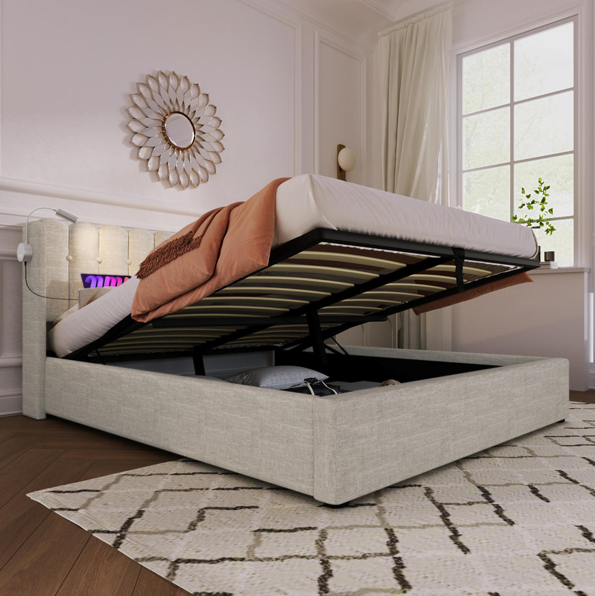 POLSTERBETT 160/200 cm Beige mit Bettkasten, Leselicht, USB und Matratze - Beige, Textil (160/200cm) - Flora Grace