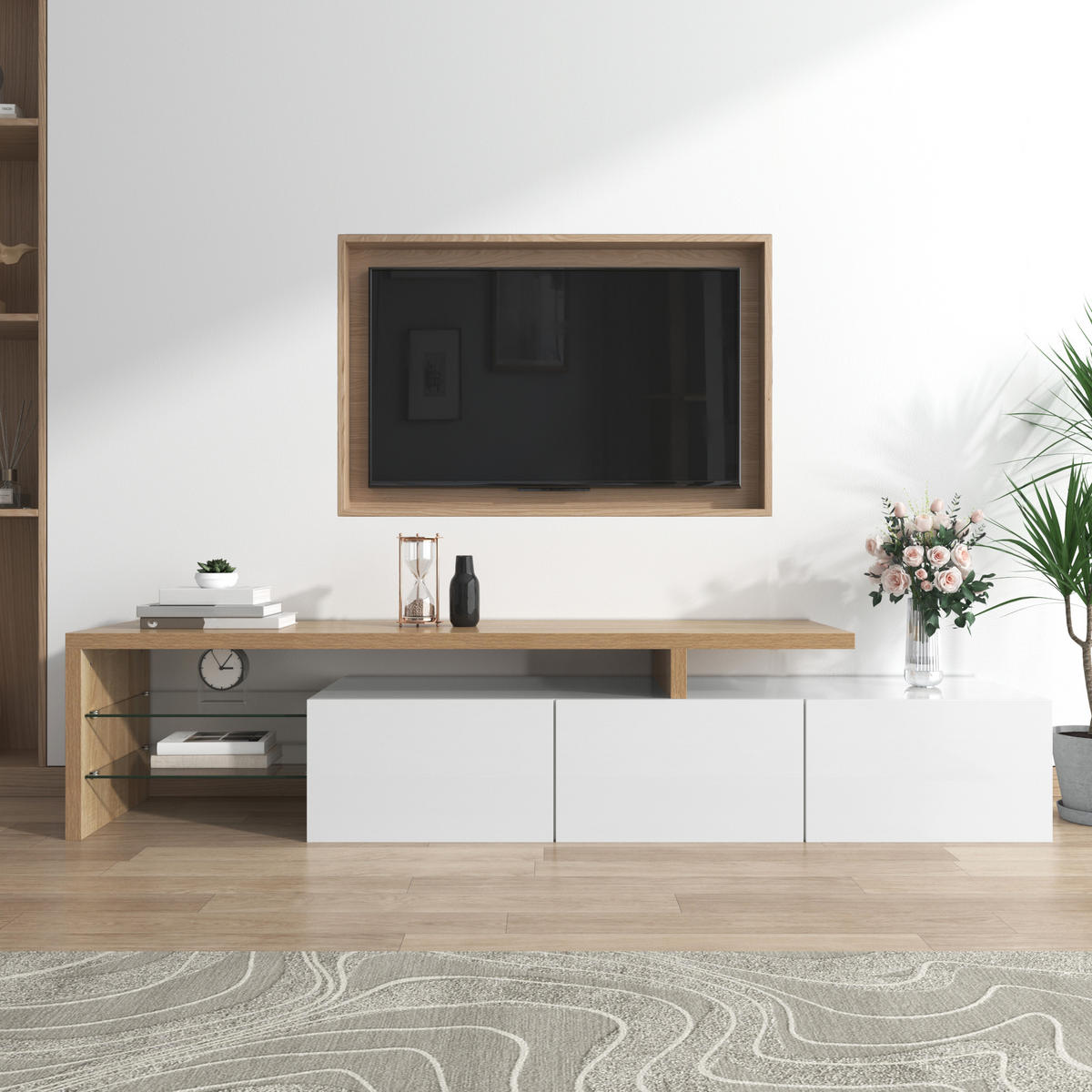 TV-SCHRANK Lowboard Hochglanz Glas LED weiß - Naturfarben, Holz (197.5/42/39cm) - Fortuna Lai