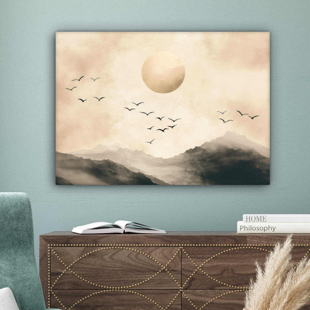 LEINWANDBILD Landschaft - Japandi - Vogel Wandbilder 80x60 cm - Beige, Textil (80/60cm) - MuchoWow