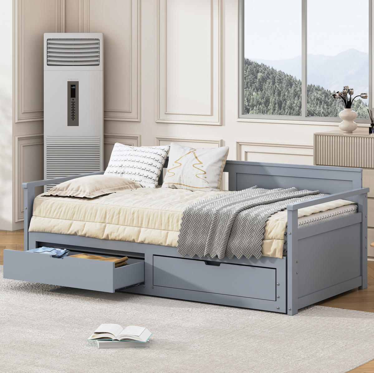TAGESBETT Zwei-in-Eins 90/180/190 cm grau mit Schubladen aus Kiefer - Grau, Holz (180/190cm) - OKWISH