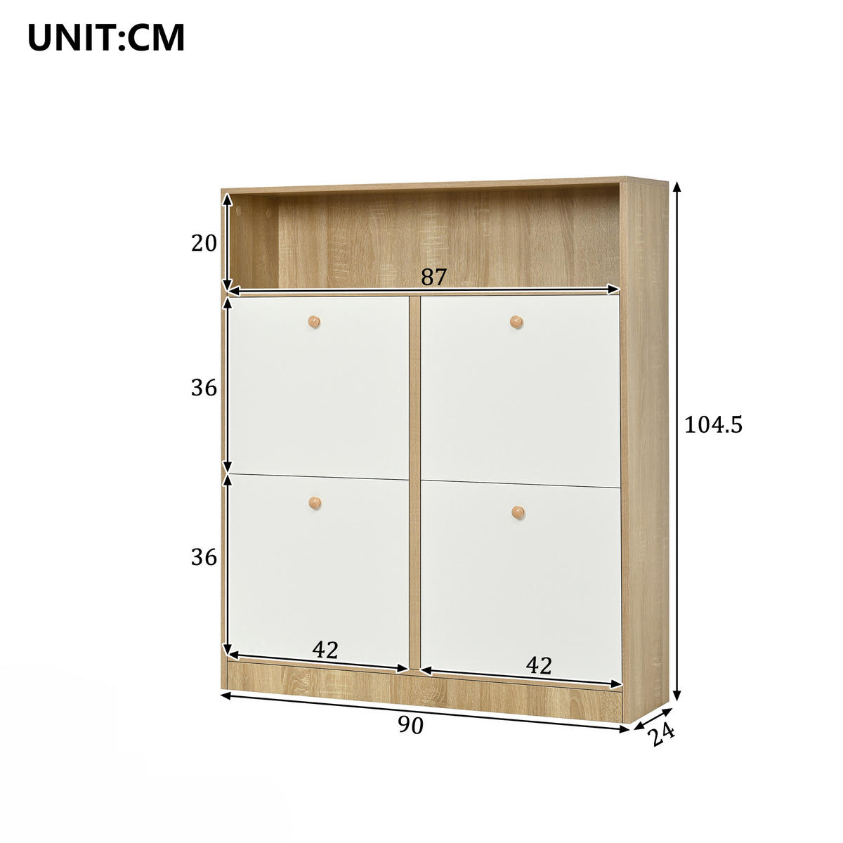 SCHUHSCHRANK aus Spanplatte 90x24x104,5cm in Natur mit 4 Klappen - Naturfarben, Holzwerkstoff (90/104.5/24cm) - Modfu