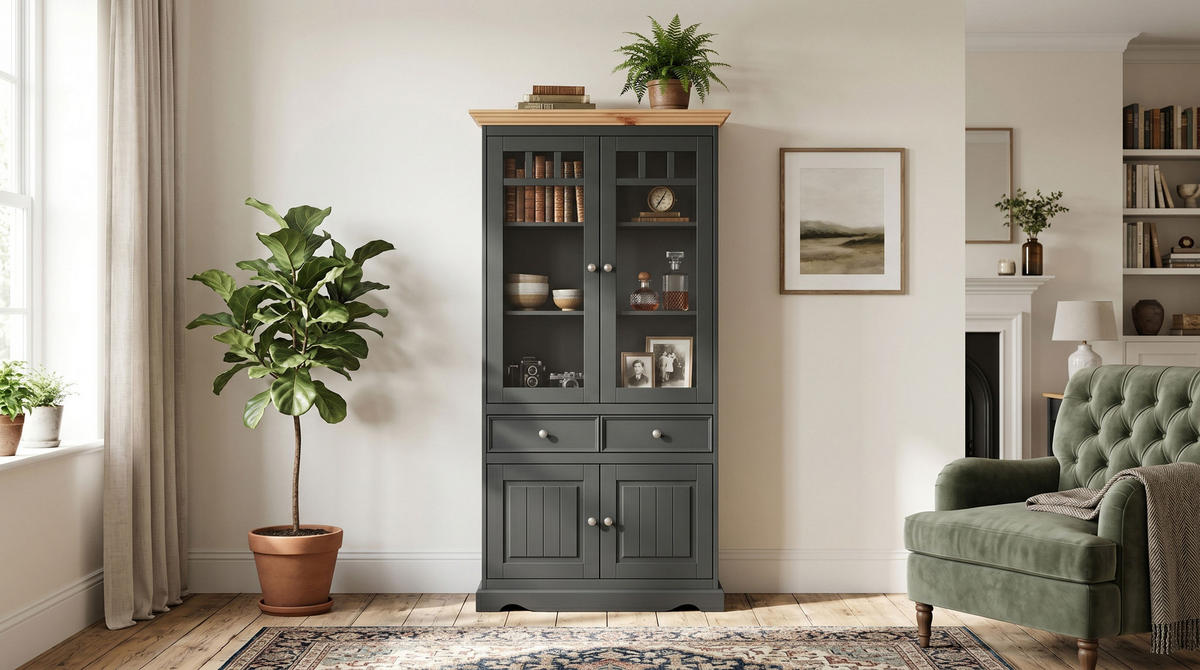 VITRINE Belluno Elegante Kiefer Natur gebeizt / basaltgrau lackiert 89 / 44 / 190cm - Grau/Kieferfarben, Holz/Holzwerkstoff (89/190/44cm) - Feldmann-Wohnen