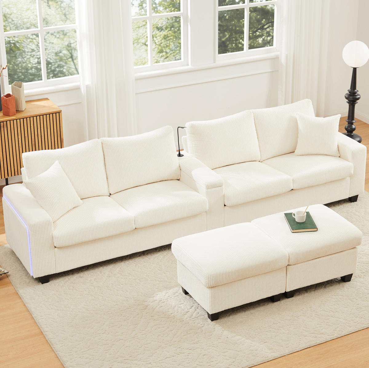 SOFA U-Form mit 2 Hockern 334 x 128,5 x 81 cm Cord Beige - Beige, Kunststoff (128.5/81/334cm) - Meubliv