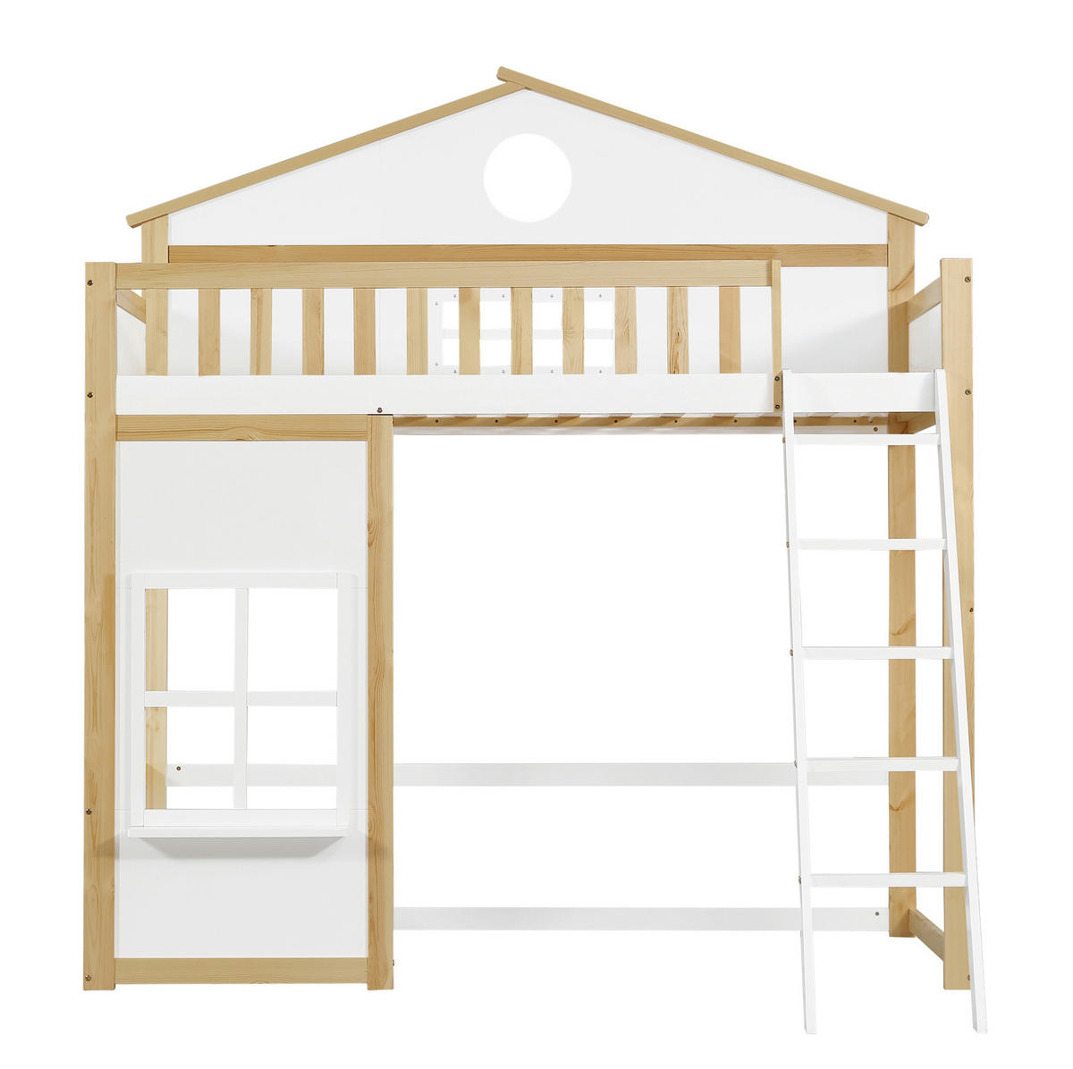 ETAGENBETT aus Kiefer und MDF 90x200 cm Weiß/Natur mit Treppe, Fallschutz und Hausdesign - Weiß, Holzwerkstoff (90/200cm) - IVMEU