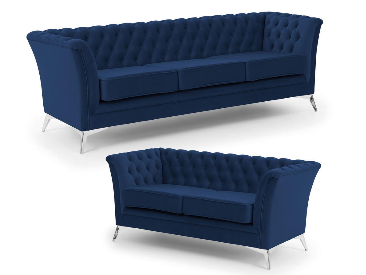 SITZGARNITUR 3+2 Chesterfield Whitby Marineblau Samt mit silbernen Füßen - Blau/Silberfarben, Holz/Textil (237/78/82cm) - S-Style Möbel