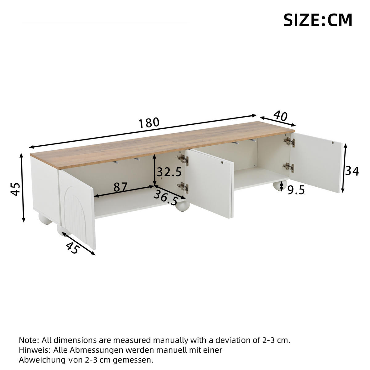 TV-ELEMENT mit 4 Türen 180 x 40 x 45 cm Weiß Holzoptik - Weiß, Holzwerkstoff (40/45/180cm) - Beauniv