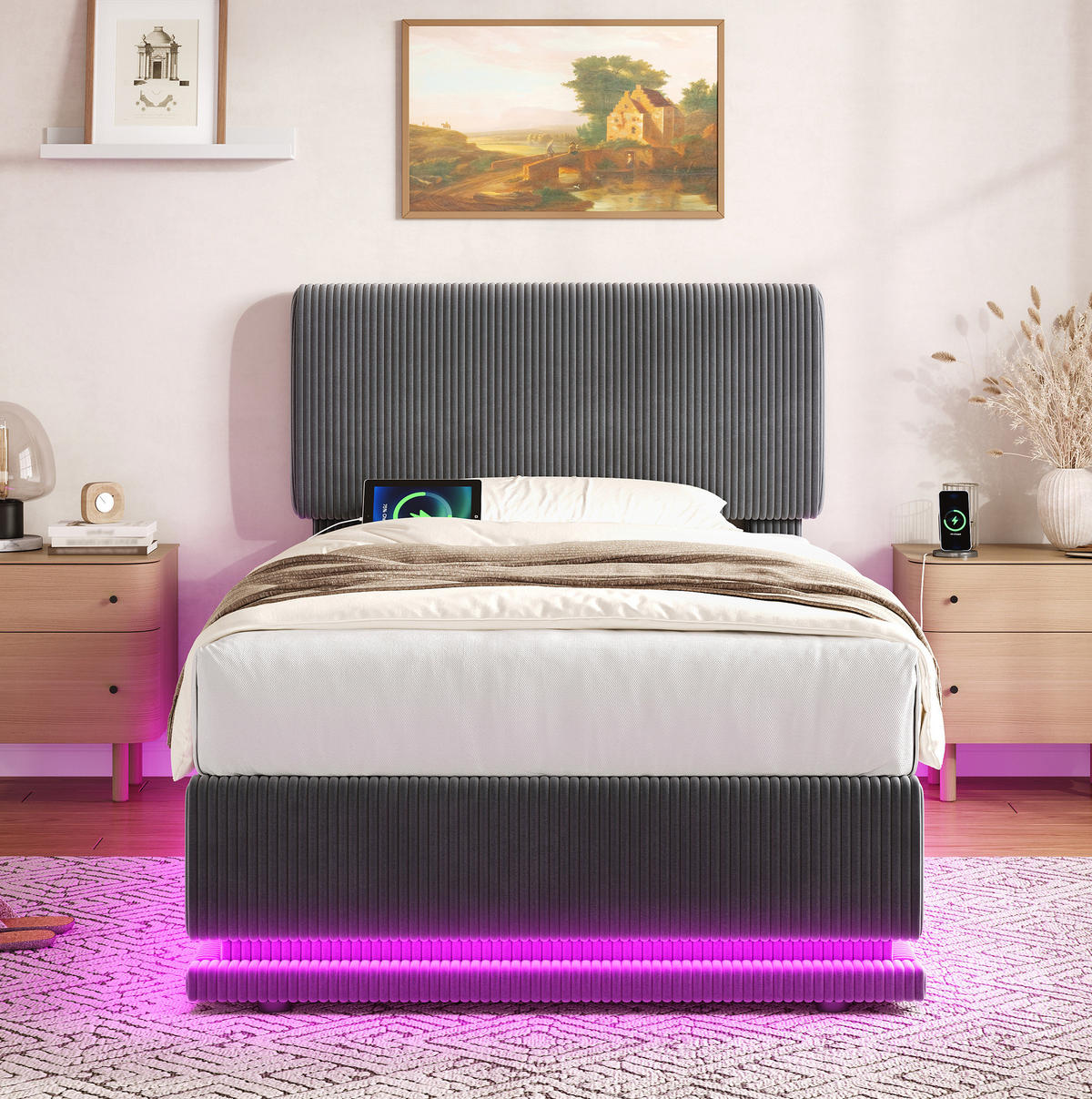 POLSTERBETT mit LED, USB-C und Stauraum 90x200 cm Cord Dunkelgrau - Dunkelgrau, Metall (90/200cm) - Meubliv