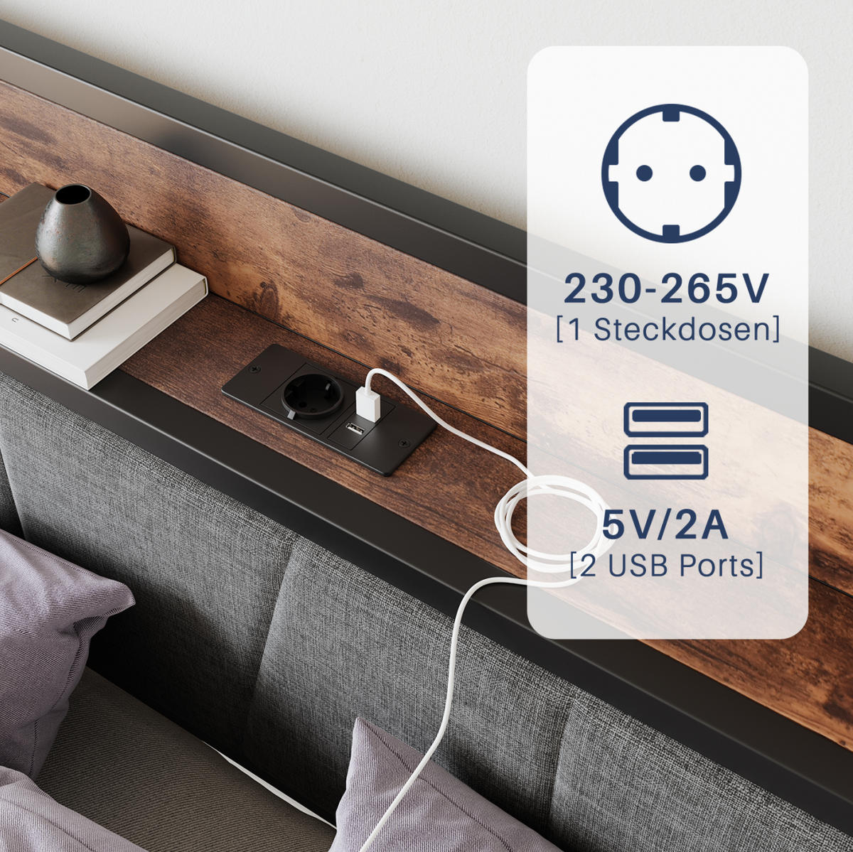POSTEL 120/200 cm s LED osvětlením, USB a úložným čelem, tichá kovová konstrukce, Starožitná hnědá - červenohnědá, kompozitní dřevo (120/200cm) - Redom