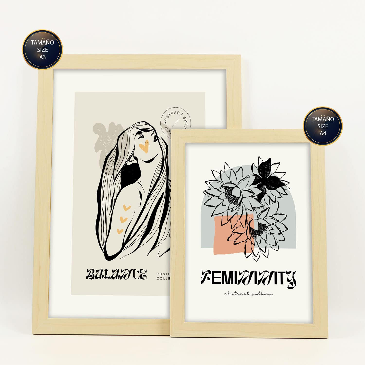 POSTER Set Mit 6 In Schwarzer Tinte Freundschaft Kunstdrucke Im Skizzenstil Für Innenarchitektur A3 & A4 Rahmen Aus Hellem Holz - Beige, Papier (29/3cm) - Nacnic