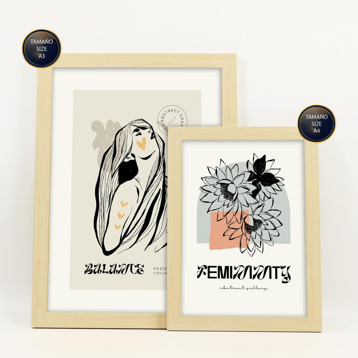 POSTER Set Mit 6 Schwarze Tinte Freundschaft Größe A3 & A4 Rahmen aus hellem Holz - Beige, Papier (29.7/1cm) - Nacnic