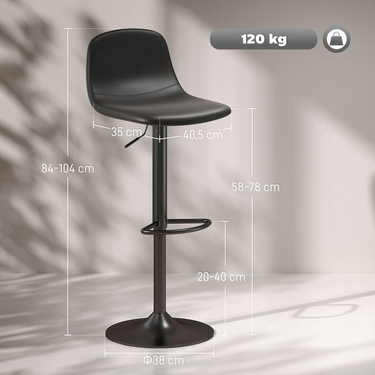 BARHOCKER DE-36019 2er Set höhenverstellbar drehbar Schwarz - Schwarz, Metall (44/104/40.5cm) - ComfortXL