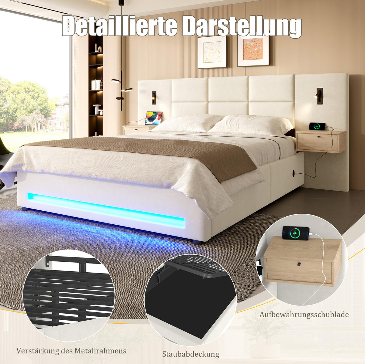 BETT mit Stauraum 180x200 cm Velours Beige - Beige, Metall (180/200cm) - Meubliv