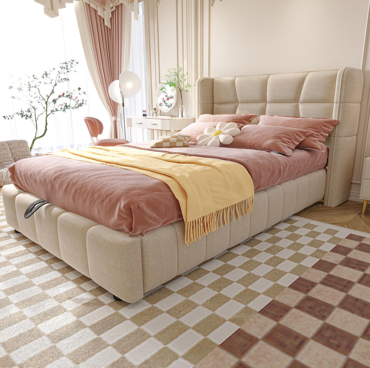 POLSTERBETT 90/200 cm beige aus Stoff mit Stauraum und Hebemechanismus - Beige, Textil (90/200cm) - OKWISH