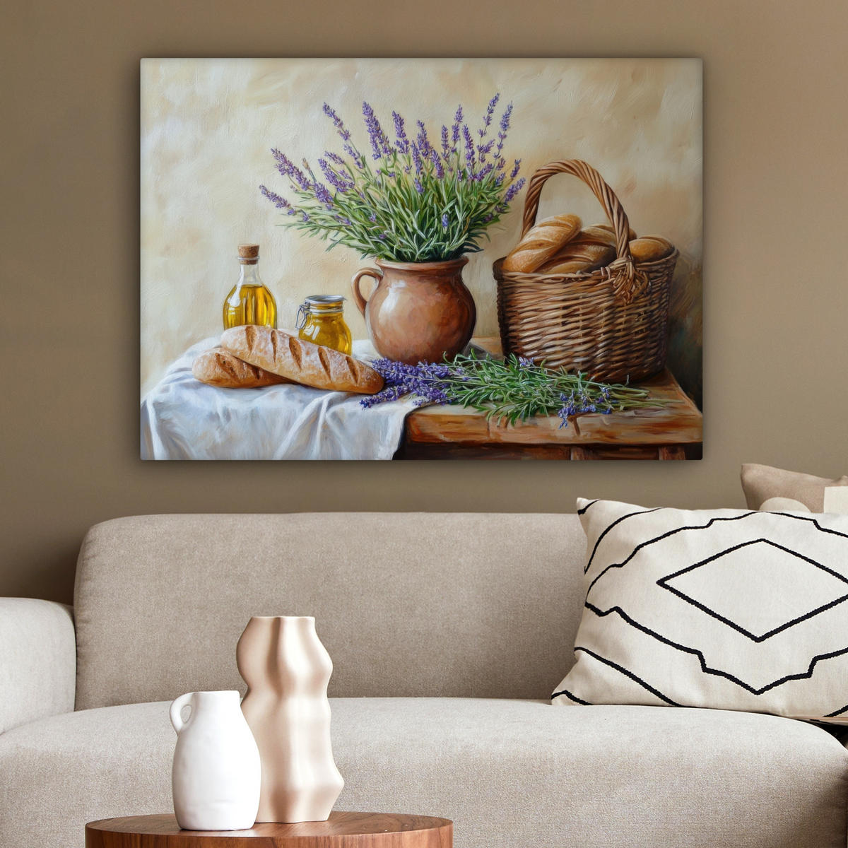 LEINWANDBILD Lavendel - Brot - Stilleben Wandbilder 80x60 cm - Flieder, Textil (80/60cm) - MuchoWow