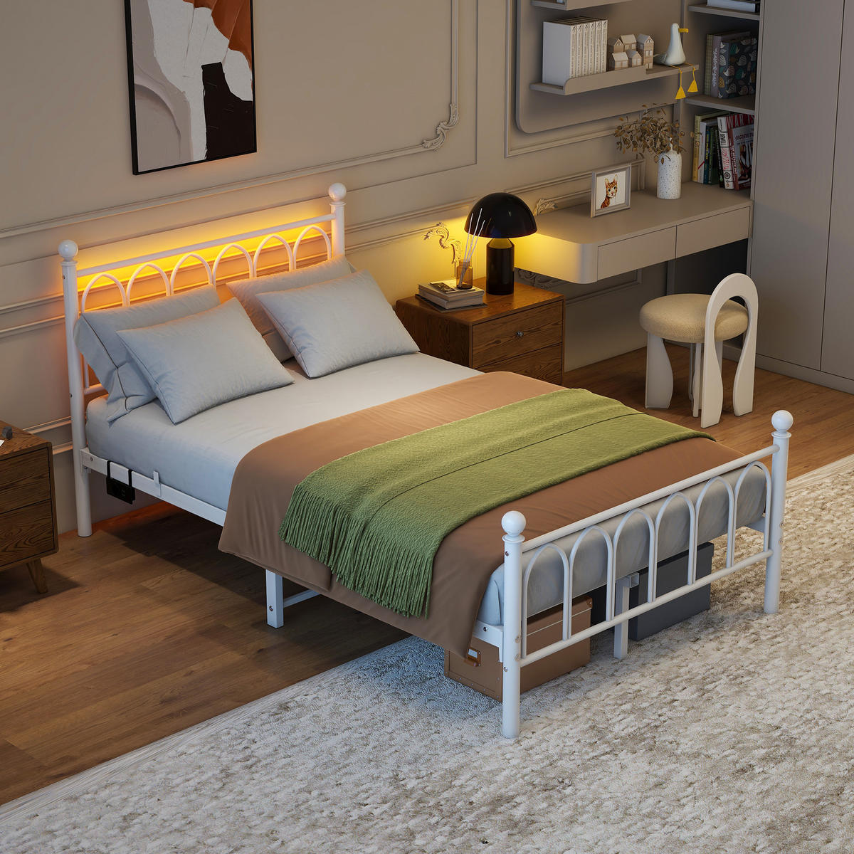 METALLBETT 120x200 cm LED USB Vintage weiß - Weiß, Holzwerkstoff (120/200cm) - LEBENLANG