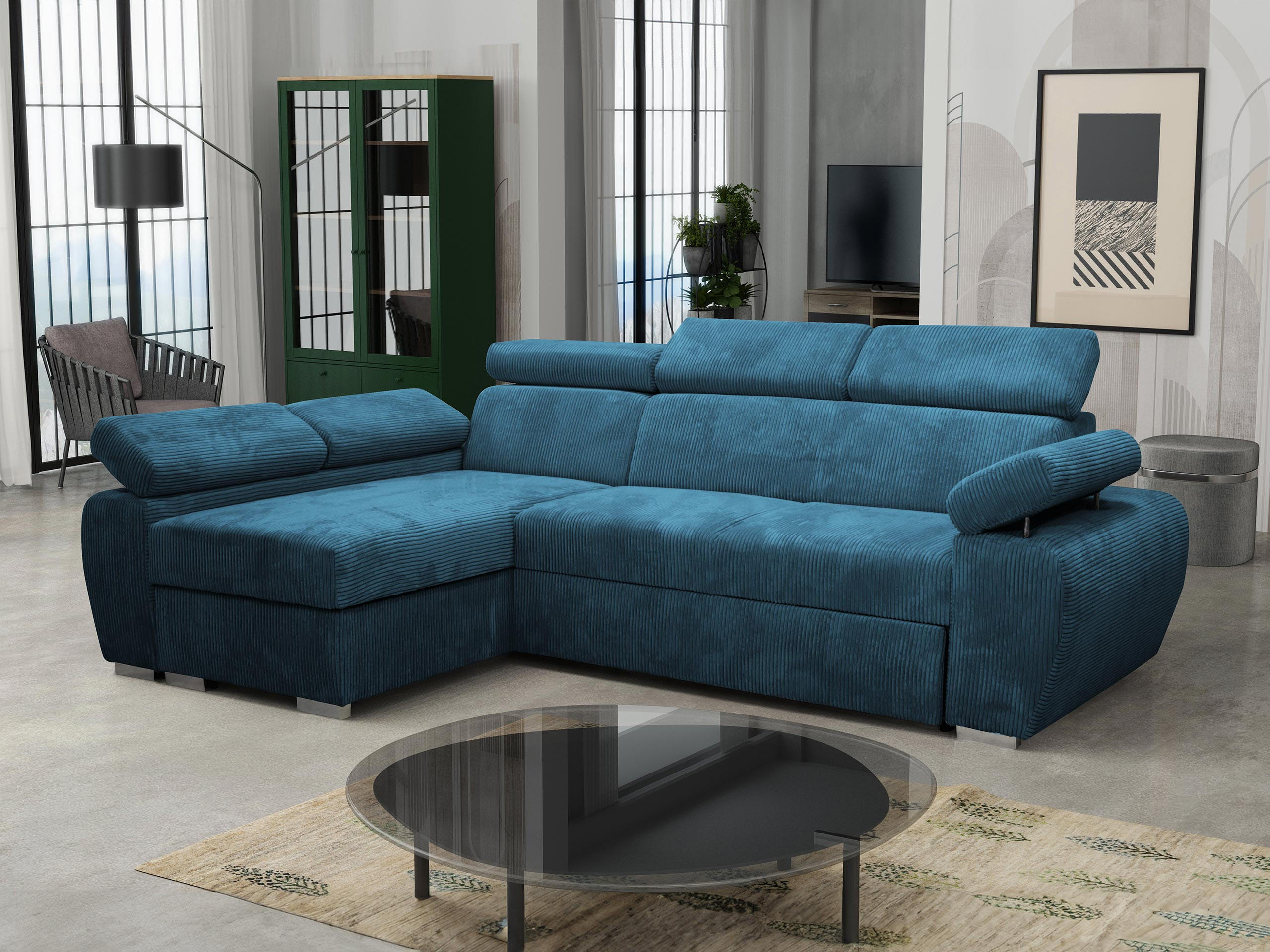 ECKSOFA Boston Mini Premium Cord 2RLC, Seite: Links LC+2R - Chromfarben/Blau, Holz/Textil (255/170cm) - MIRJAN24