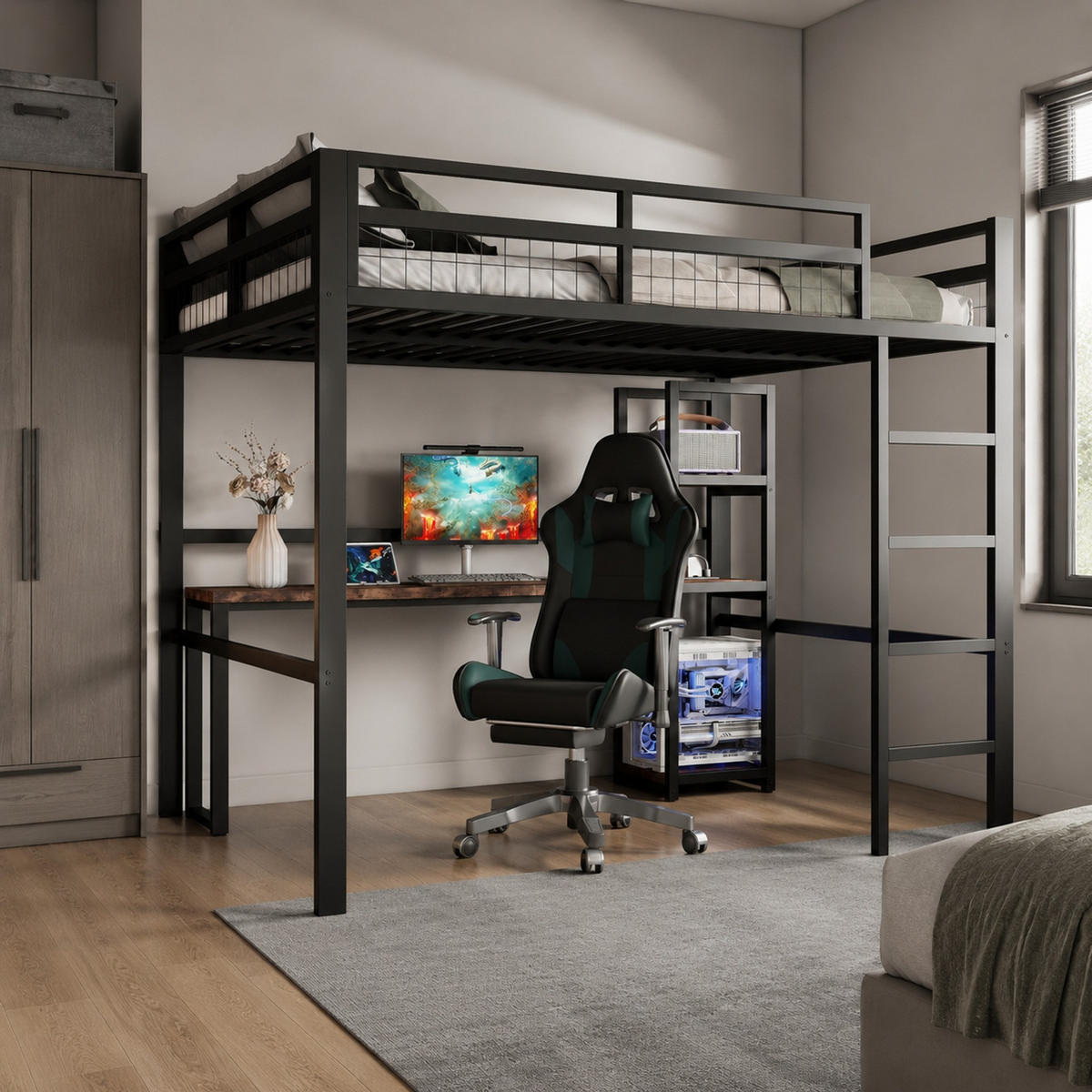 HOCHBETT 140/200 mit Schreibtisch USB Type-C und Steckdose in Schwarz - Schwarz, Holz/Holzwerkstoff (140/200cm) - EVRYAE