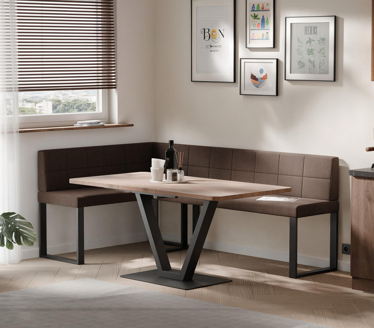 ECKBANK links SANA U Webstoff gesteppt, 142/196 cm Braun - Braun, Textil/Metall (142/196cm) - Idohome