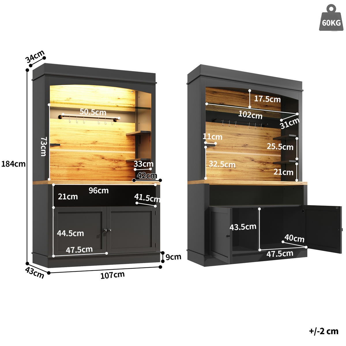 KÜCHENSCHRANK mit LED 107x43x184 cm MDF Metall Schwarz 2er-Set - Schwarz, Metall (43/184/214cm) - Meubliv