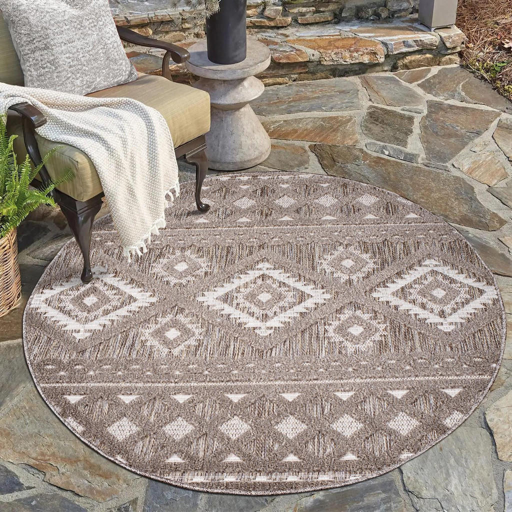 Thumbnail - carpet city Outdoor-Teppich, Braun, Textil, Ethno, Rund, 120x120 cm, Oeko-Tex® Standard 100, pflegeleicht, UV-beständig,...