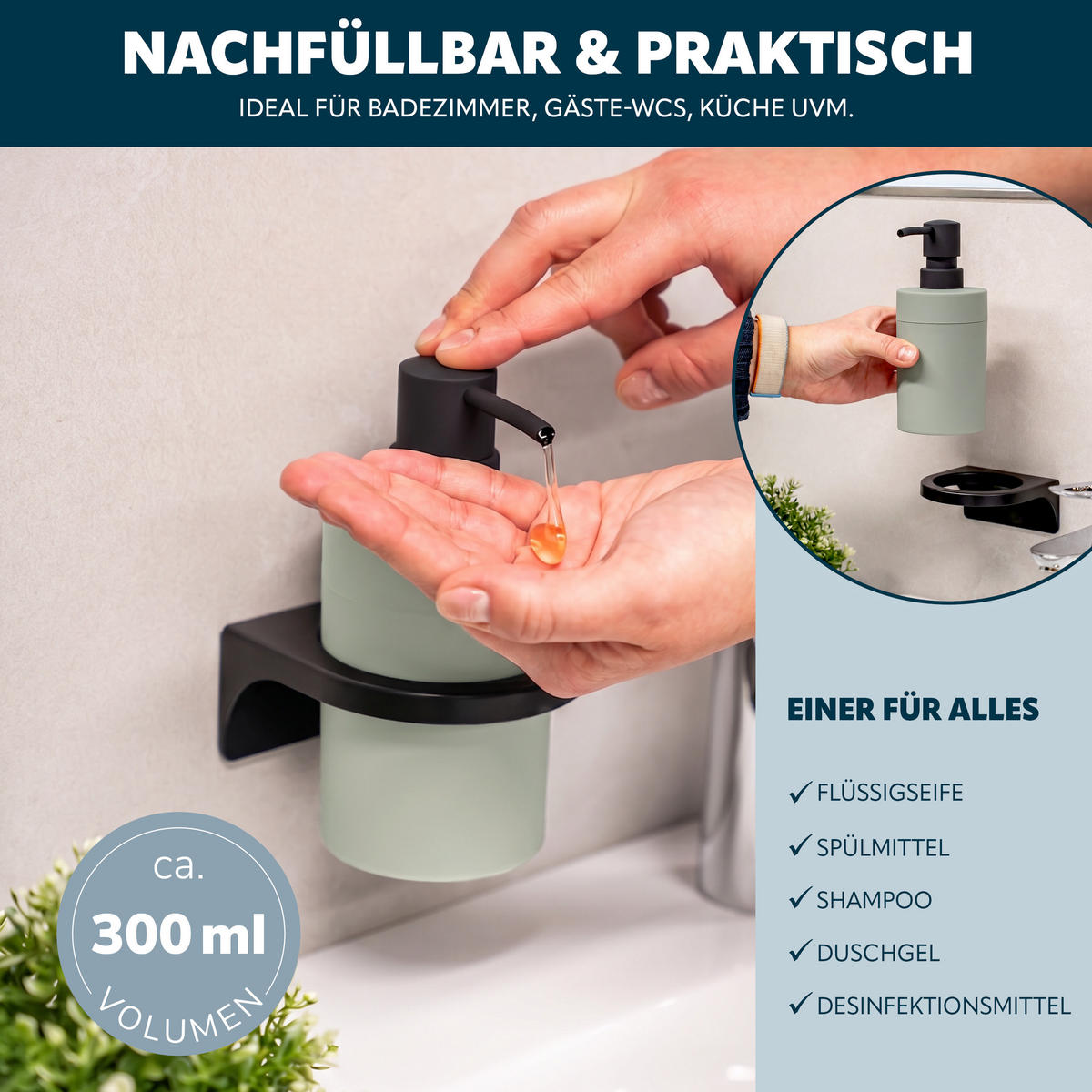 BAD-ACCESSOIRES-SET (4er-Set) SAVONA, Soft-Touch, salbeigrün - Salbeigrün, Kunststoff (19/24.5/19cm) - bremermann