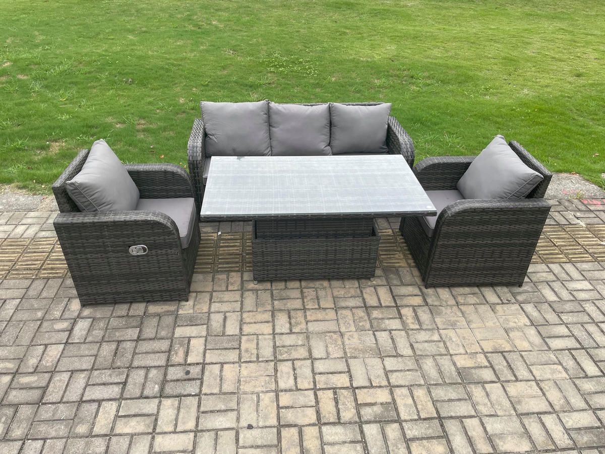 GARTENMÖBELSET mit Höhenverstellbarer Esstisch 5-Sitzer Grau - Dunkelgrau/Grau, Glas/Kunststoff - Fimous