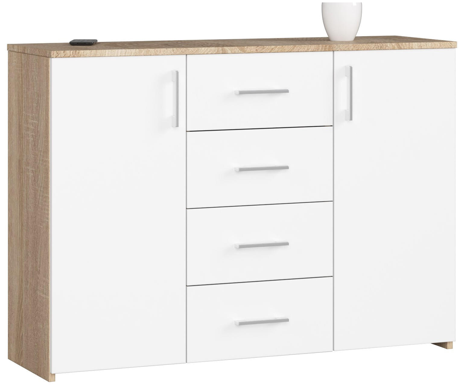 KOMMODE Sonoma Eiche, Weiß 110x35x80 cm - Silberfarben/Weiß, Holzwerkstoff/Kunststoff (110/80/35cm) - Akord