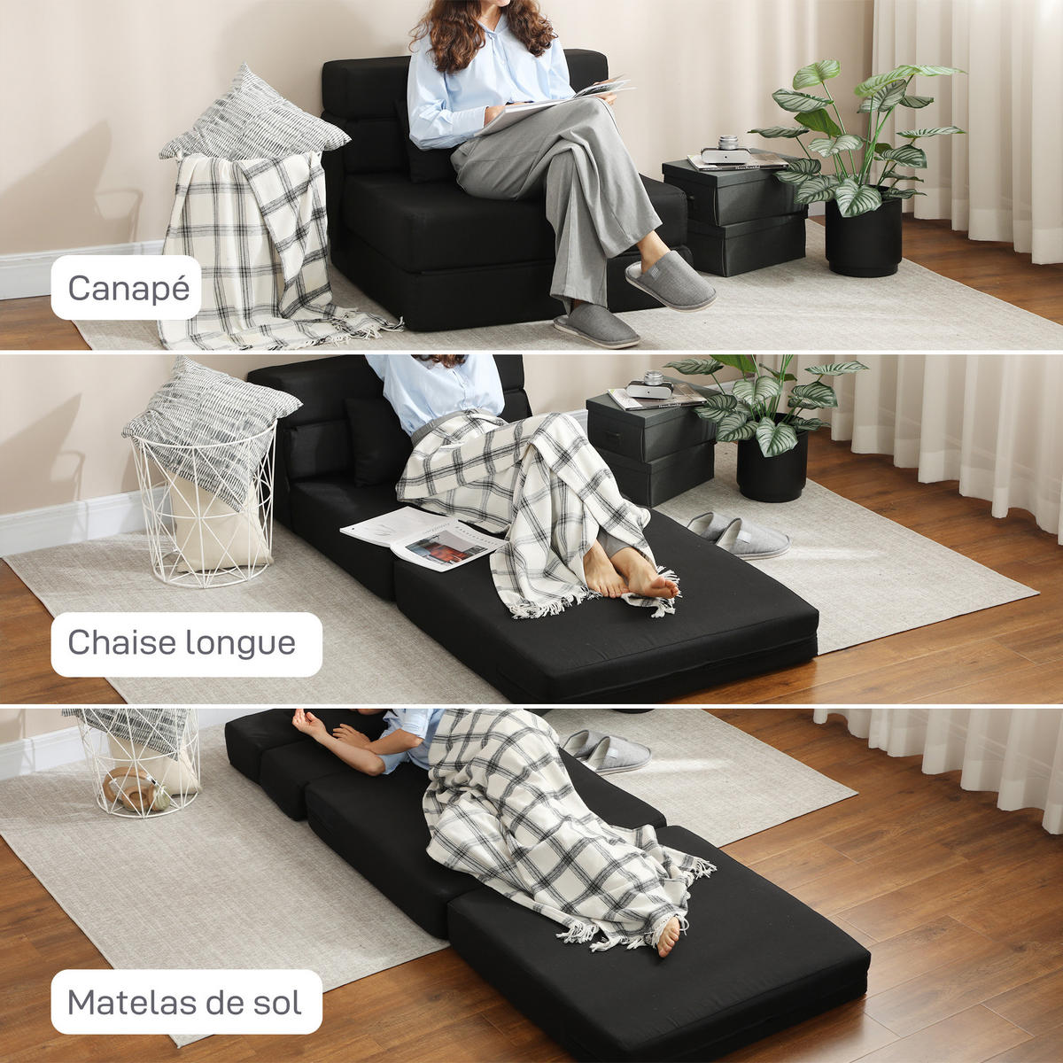 SCHLAFSESSEL DE-14638 klappbar mit Kissen Schwarz - Schwarz, Textil (80/15/210cm) - ComfortXL