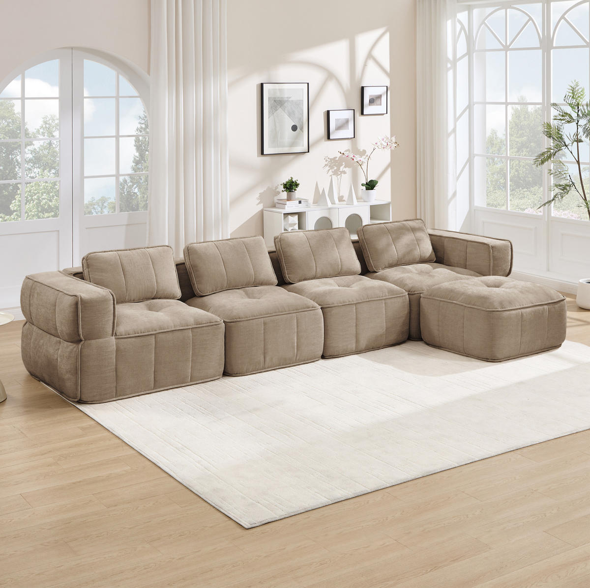 ECKSOFA 344/162/67 cm in Sand mit Hocker und rahmenlosem Design - Sandfarben, Kunststoff (162/344cm) - Flora Grace