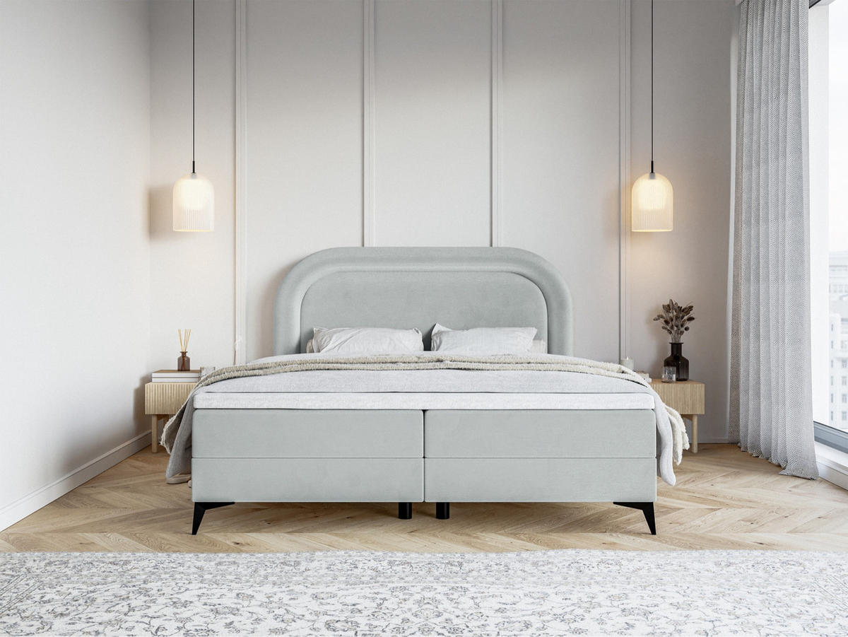 BOXBETT Loreo Hellgrau Samt wasserfest 180x200 cm - Hellgrau/Schwarz, Holz/Textil (180/200cm) - Selsey