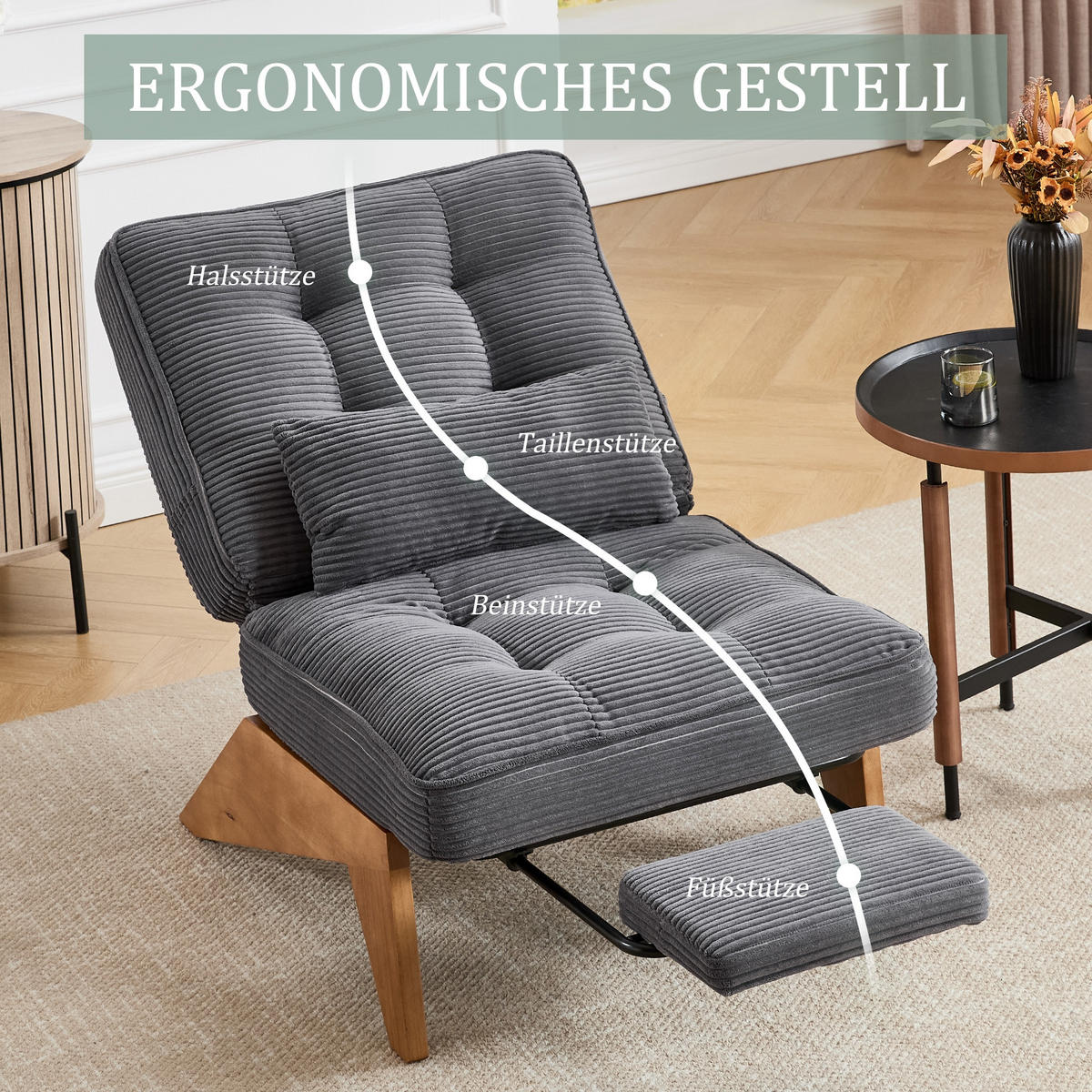 SCHAUKELSTUHL Dunkelgrau Cord mit Fußstütze, Lendenkissen und Holzbeinen - Dunkelgrau, Textil (73/90/127cm) - Oxeza
