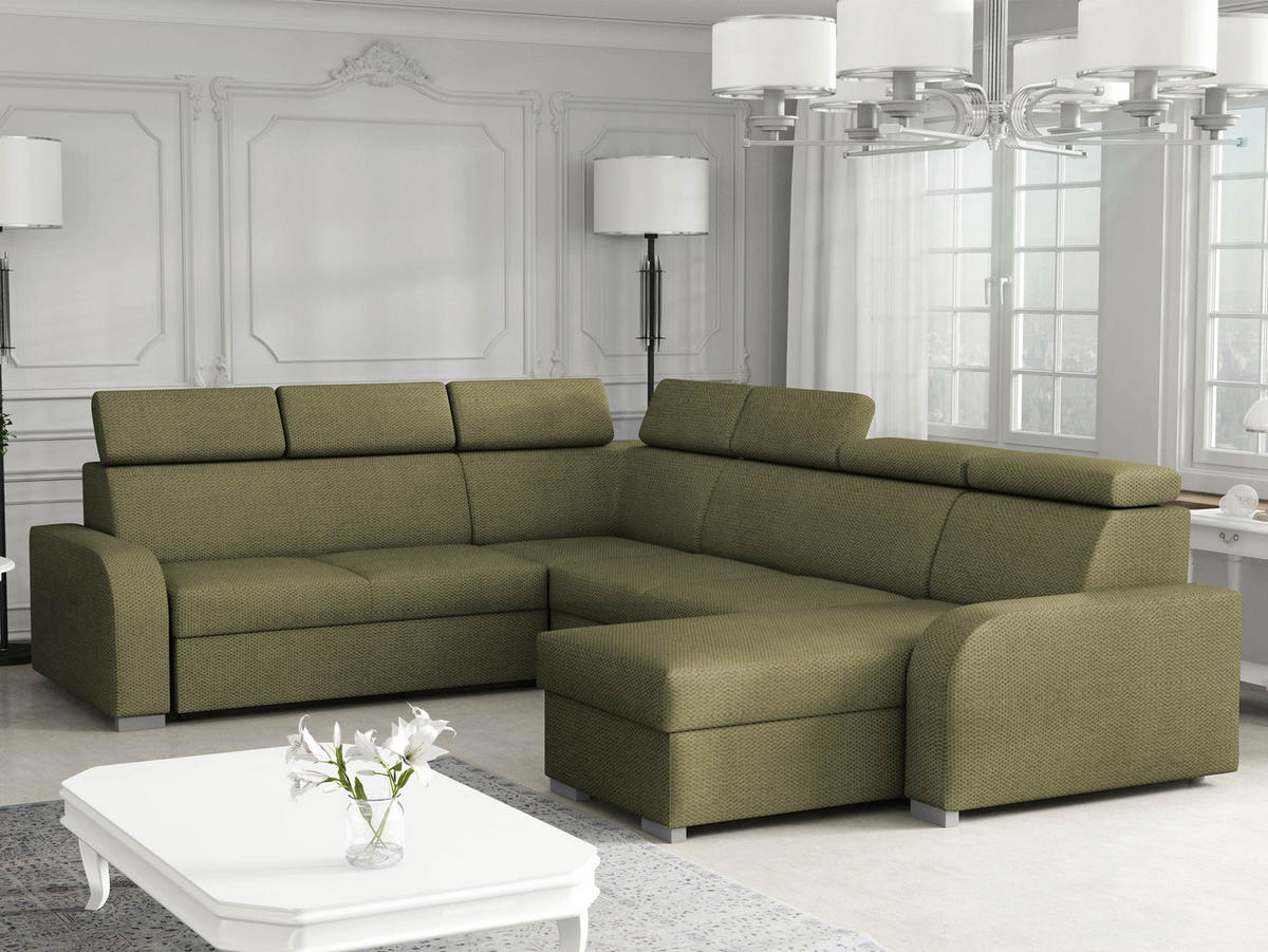 WOHNLANDSCHAFT Oslo 2rR2pLC - Silberfarben/Grün, Holz/Kunststoff (315/85/250cm) - MIRJAN24
