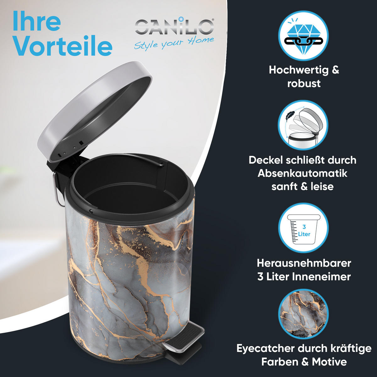 KOSMETIKEIMER Marmor Abstrakt - Goldfarben/Braun, Kunststoff/Metall (17/25/25cm) - Sanilo