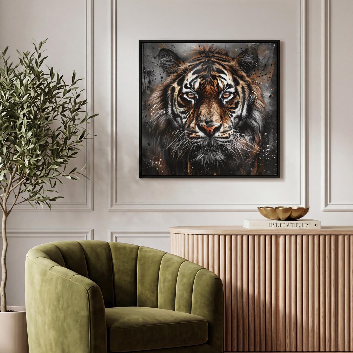 LEINWAND Bilder mit Rahmen - Tiger - Tiere - Porträt - Luxus - Schwarz - 50x50 - Braun, Textil (50/50cm) - MuchoWow