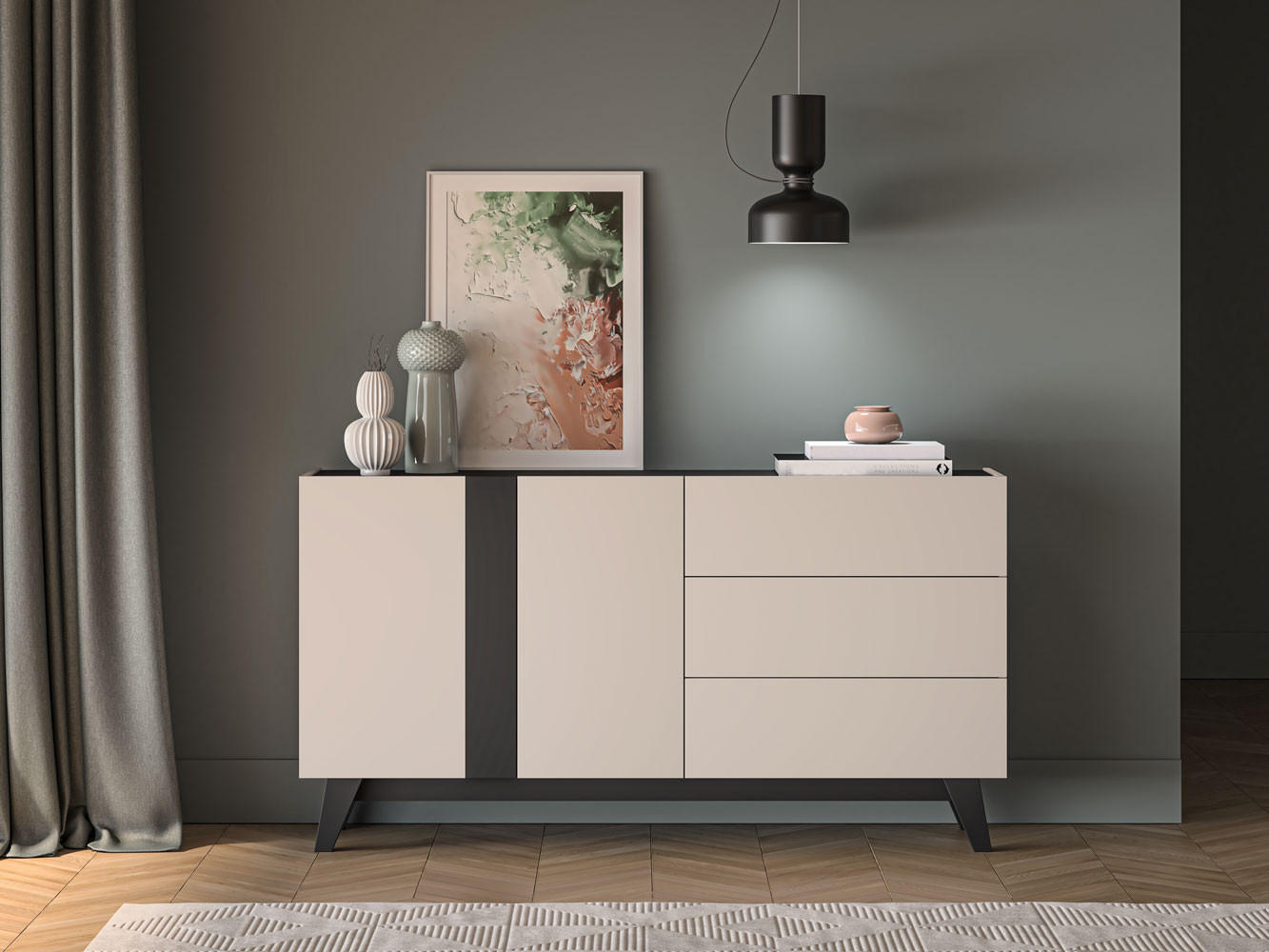 KOMMODE Freshion Kaschmir / Schwarz 160 / 40 / 85cm - Kaschmir/Creme, Holz/Holzwerkstoff (160/85/40cm) - Feldmann-Wohnen
