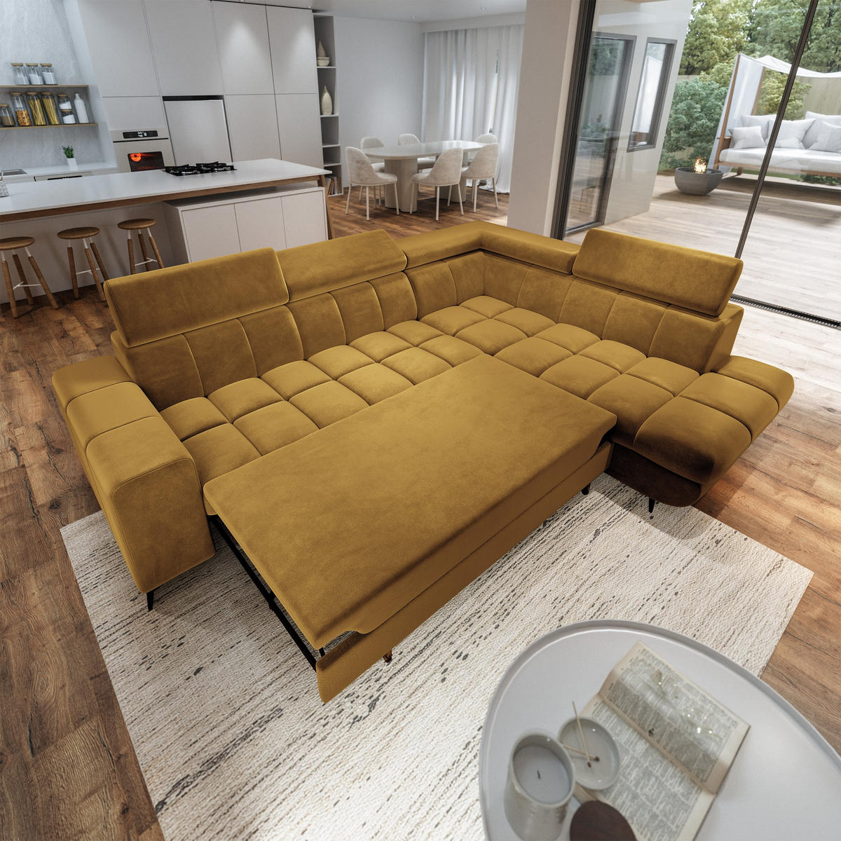 ECKSOFA MORIVA R-S Gelb Velours-Stoff mit Schlaffunktion - Gelb, Holz (253/190cm) - MASSENO