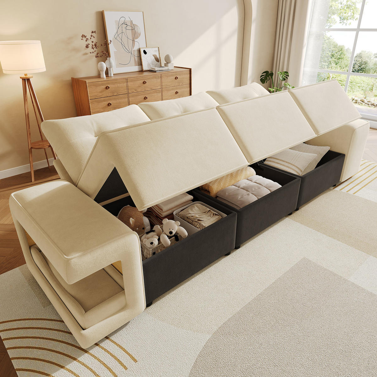 SOFA Beige 3 Sitzer Stauraum breite Armlehnen Kissen - Beige, Textil (78/84/229.5cm) - FLIEKS
