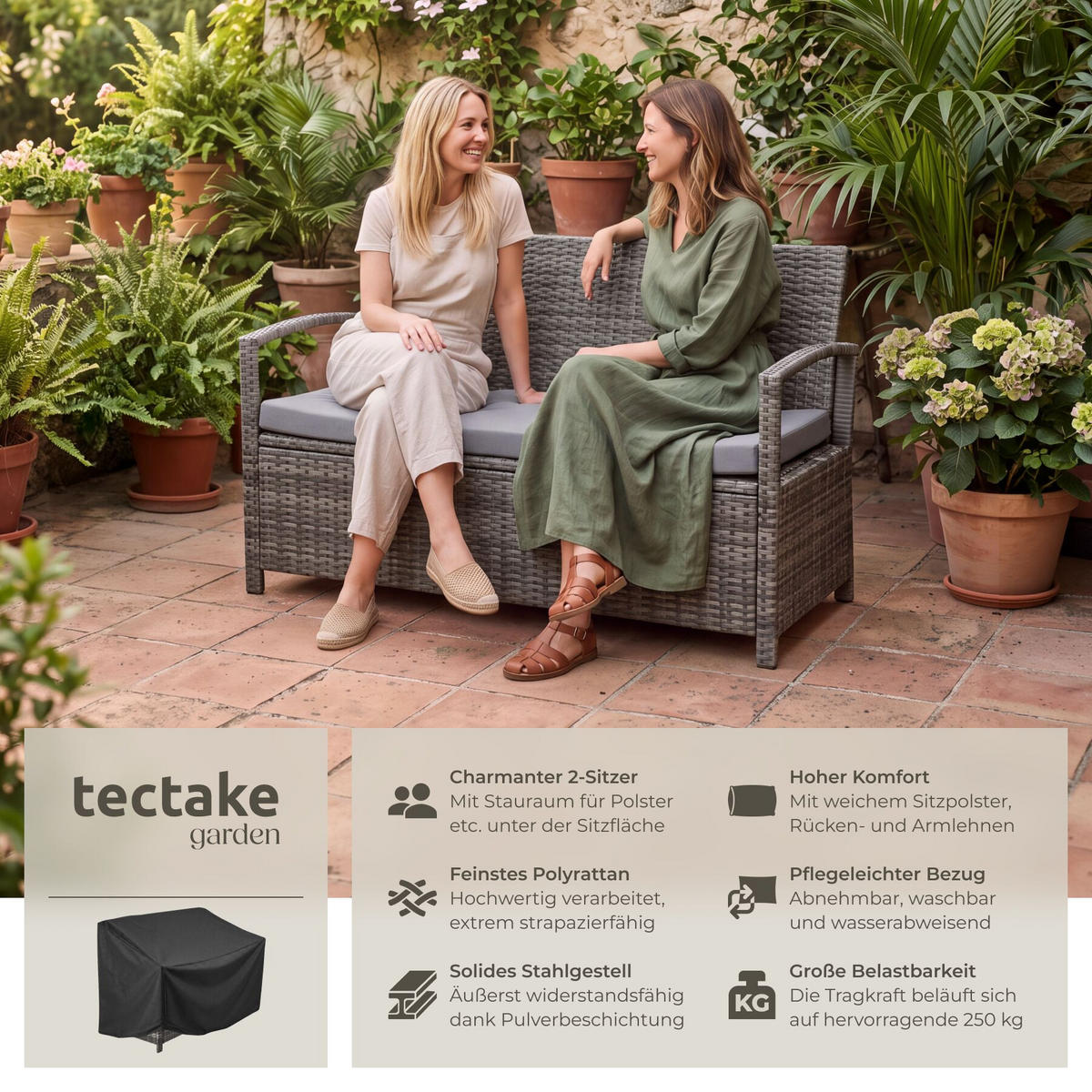 RATTAN-GARTENBANK Vecchia, 128 x 56 x 77,5 cm, inklusive Schutzhülle, grau - Grau, Kunststoff (128/77.5/56cm) - tectake