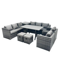 SITZGRUPPE mit Beistelltisch,Hockern Polyrattan Dunkelgrau 10-Sitzer - Dunkelgrau/Grau, Glas/Kunststoff - Fimous