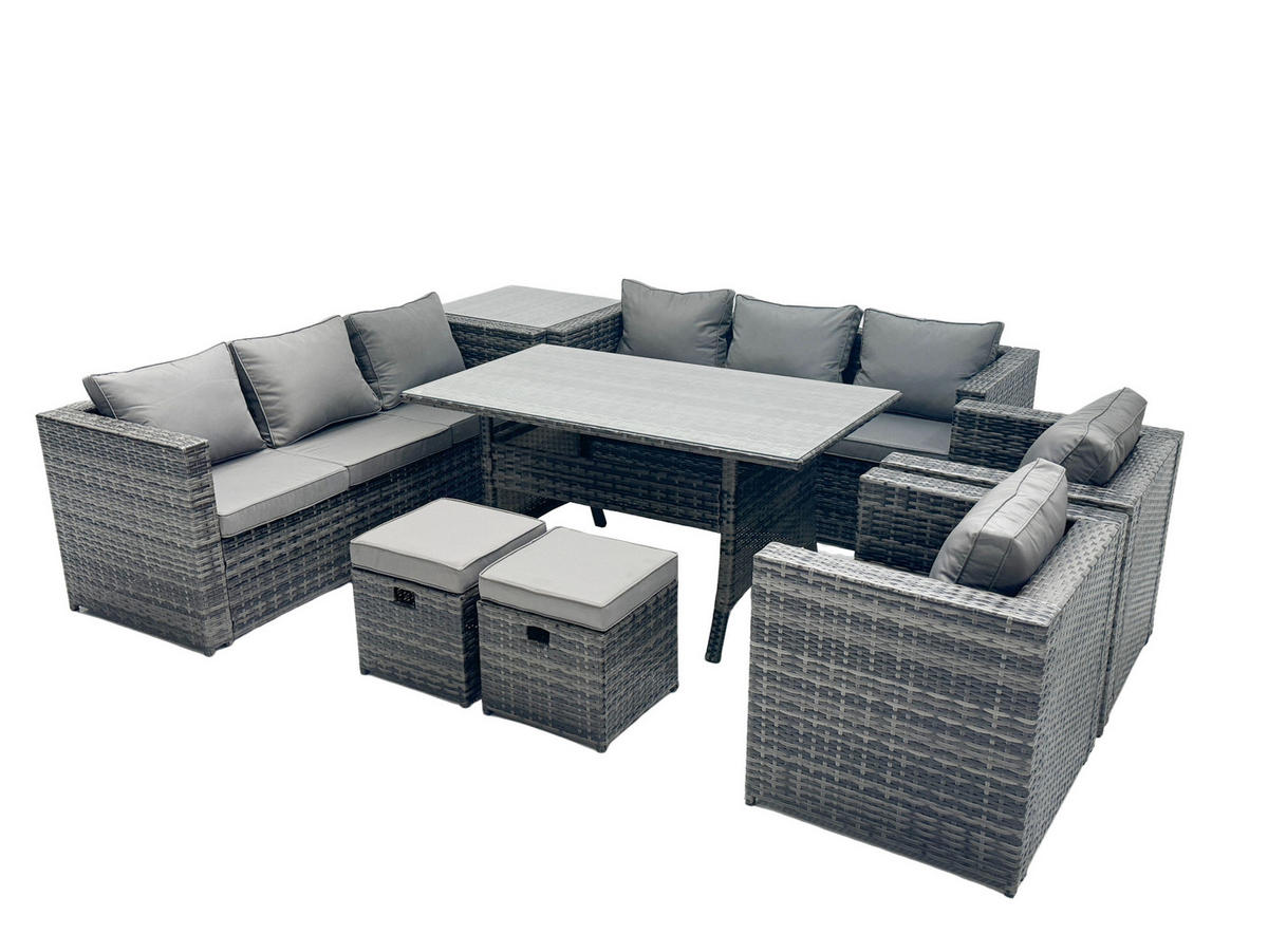 SITZGRUPPE mit Beistelltisch,Hockern Polyrattan Dunkelgrau 10-Sitzer - Dunkelgrau/Grau, Glas/Kunststoff - Fimous