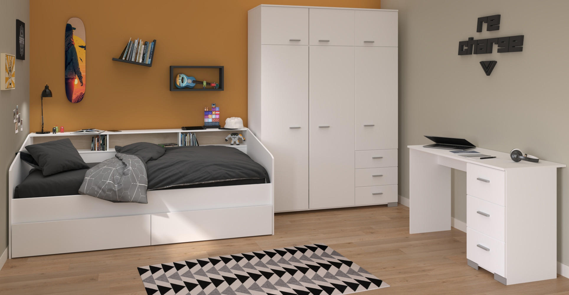KINDERZIMMER Set 3-tlg. mit Bett 90x200 cm, Kleiderschrank Schreibtisch - Silberfarben/Weiß, Holz/Holzwerkstoff (203/203/113cm) - Parisot Meuble