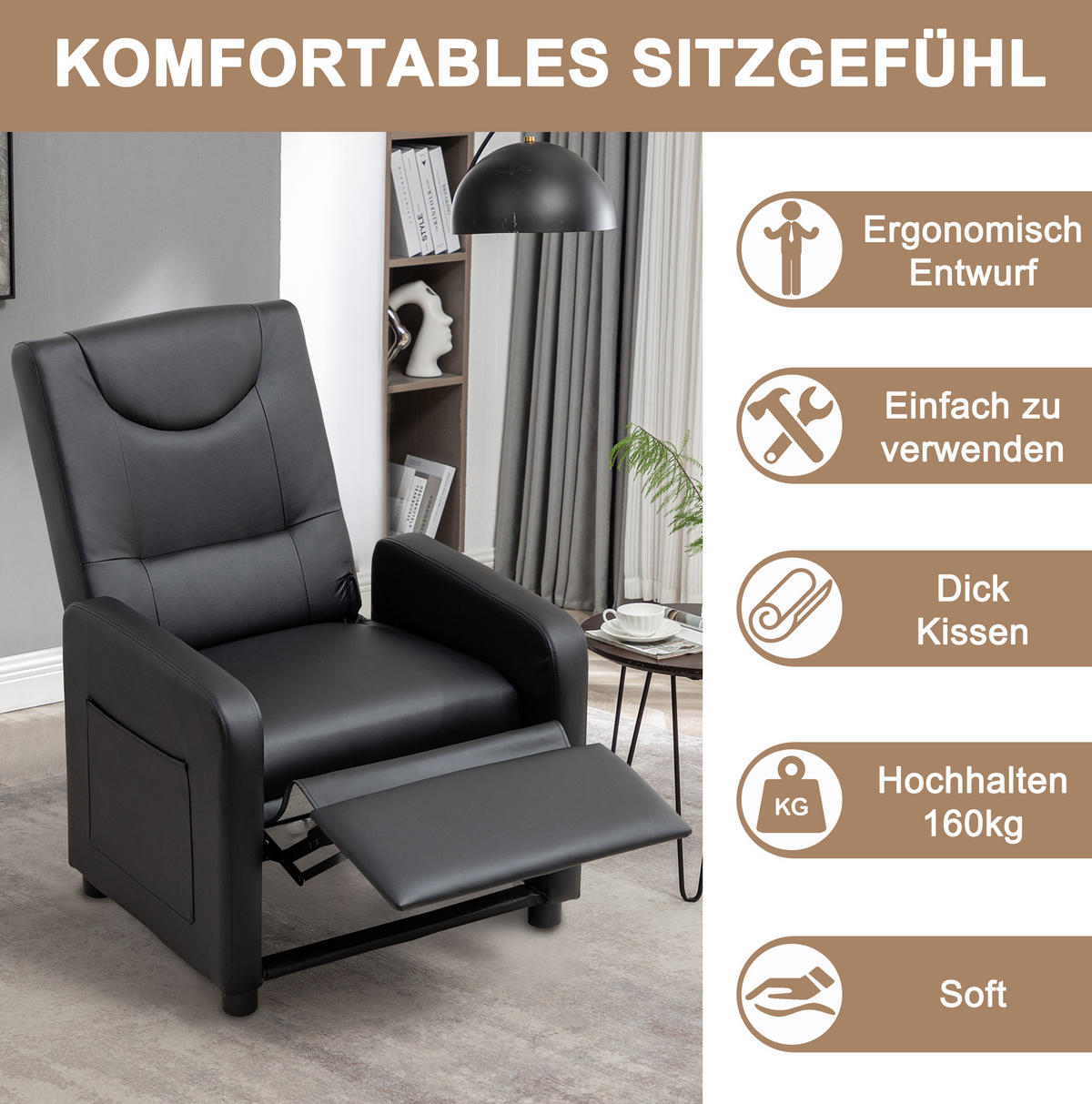 SESSEL in Schwarz mit klappbarer Fußstütze und verstellbarer Lehne - Schwarz, Kunststoff (67.5/95.5/76.5cm) - BEAOK