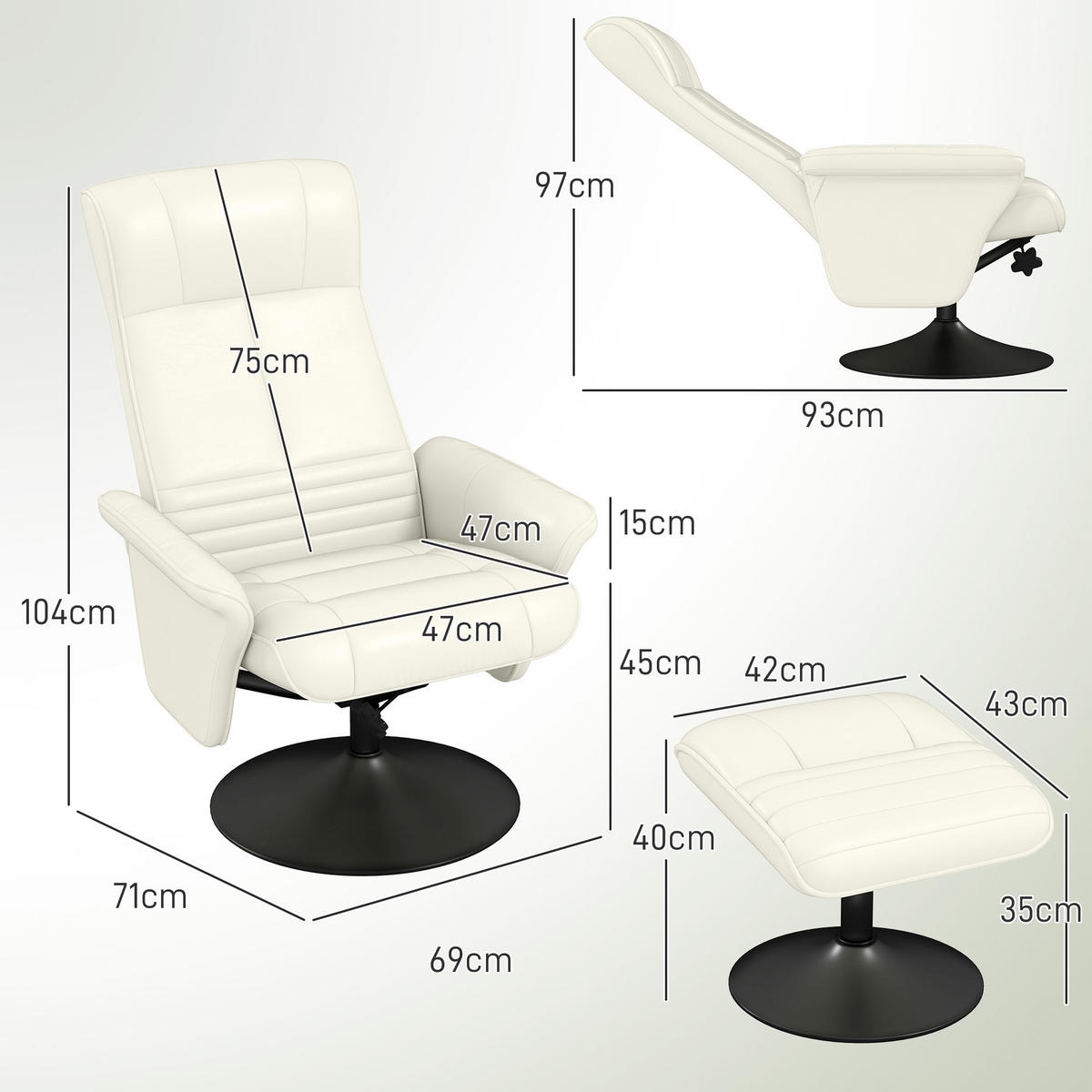 RELAXSESSEL mit Hocker Drehbarer Fernsehsessel mit Liegefunktion Mikrofasertuch - Creme/Schwarz, Textil/Metall (71/104/69cm) - HOMCOM