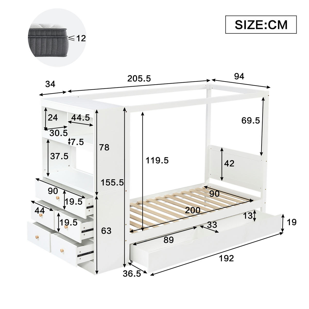 EINZELBETT 90/200 cm Weiß mit Stauraum und Fallschutz aus Kieferholz und MDF - Weiß, Holzwerkstoff (90/200cm) - OKWISH