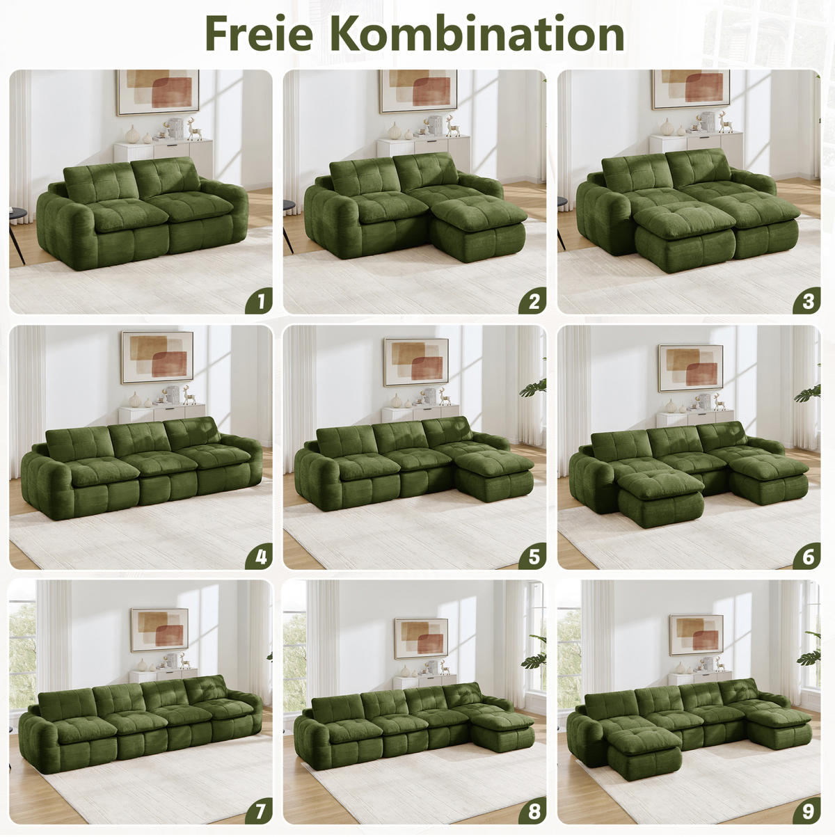 SOFA 264/160/68 cm in Grün aus Chenille mit modularem Aufbau und Hocker - Grün, Textil (160/68/264cm) - Flora Grace