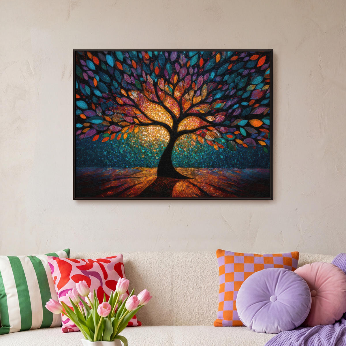 LEINWAND Bilder mit Rahmen - Mosaik - Bunt - Baum - Äste - 80x60 - Multicolor, Textil (80/60cm) - MuchoWow
